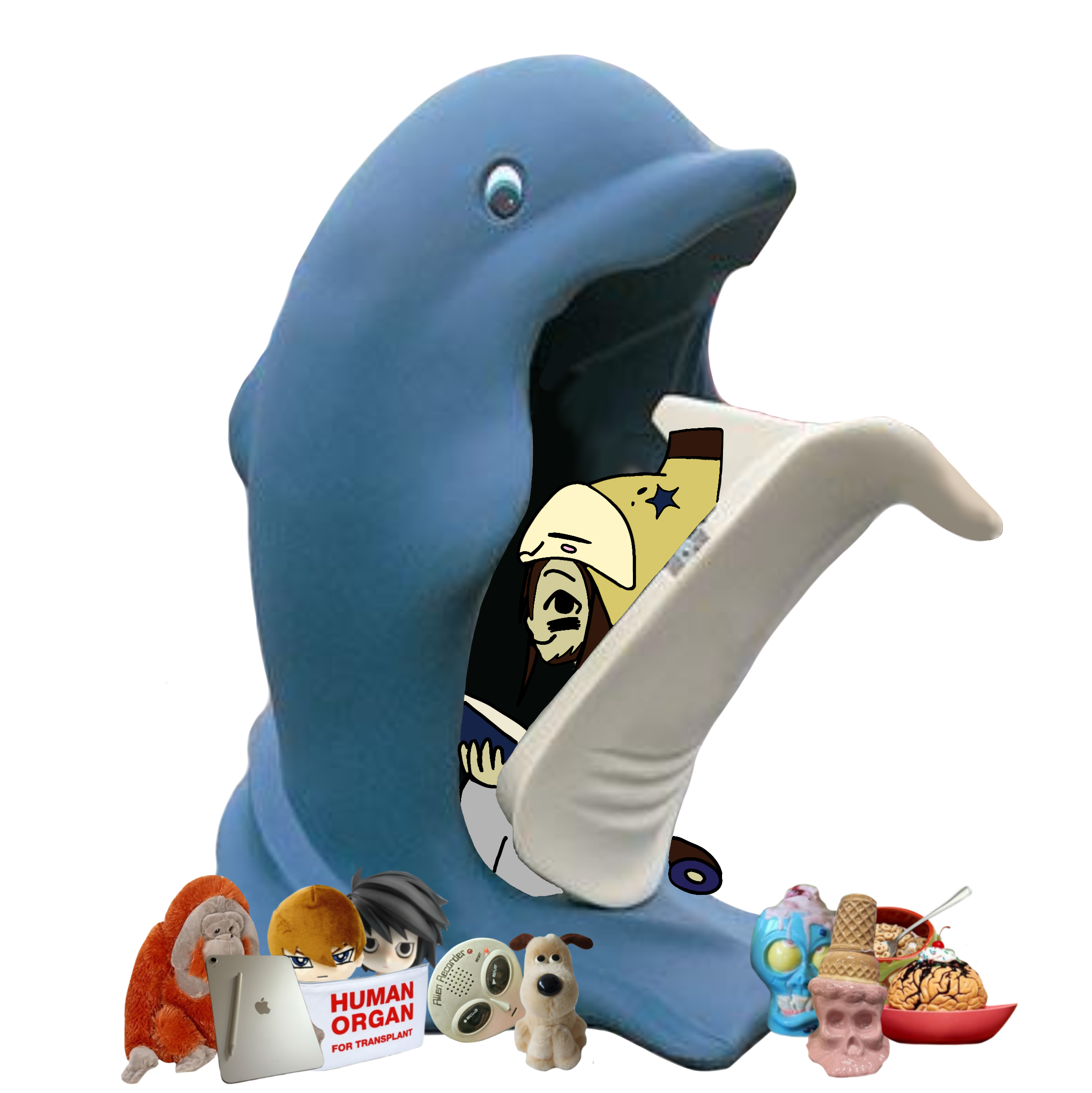 an artwork of the artist sitting inside that one british novelty dolphin bin, with zombie ceramics filled icecream, plush toys of Seto kaiba, Ryuzaki, 
  Gromit,  and an alien recorder. 
  also there's an oranguntan plush holding an ipad. 